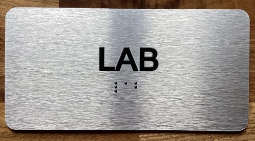 Lab sign with Raised letters/Image & Grade 2 Braille - Includes Red Adhesive pad for Easy Installation (4" W x 8" H,Brushed Aluminum/silver) - The park Ave Line