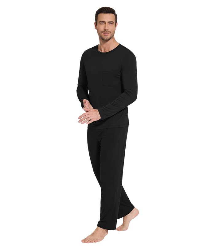 WiWi Voscose from Bamboo Men's Pajamas Set Lounge Sets Lightweight Sleepwear Long Sleeve Sleep Shirt and Long Pants S-XXL, Black, Medium4