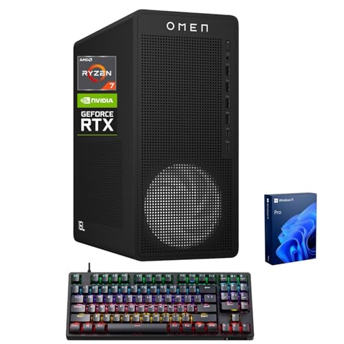 HP OMEN 16L Gaming Desktop, AMD Ryzen 7 8700F (Beats Intel i7-14700F), NVIDIA RTX 5060, 32GB DDR5 RAM, 1TB SSD, W11P, Music Production Workstation, Bundle with Thunderobot KG3089R Gaming KB