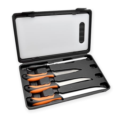 Set di Coltelli da Filetto 5 Pezzi: Due Coltelli da Filetto di diverse lunghezze per adattarsi a pesci di varie dimensioni.​ Coltello Seghettato per tagli più robusti e rimozione delle squame.​ Tagliere compatto e resistente, ideale per l'uso in barca o a riva.​ Asta Affilacoltelli per mantenere le lame sempre affilate.