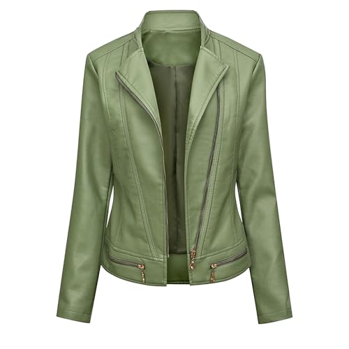 Veste moto femme similicuir vert blouson décontracté fermeture éclair S