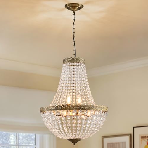 KAIQI 6 Lights French Empire Crystal Chandelier Farmhouse Pendant Lighting, Antique Brass Ceiling...