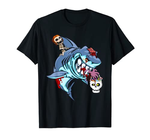 Camisa de tiburón montando esqueleto, disfraces divertidos de tiburón para Halloween Camiseta