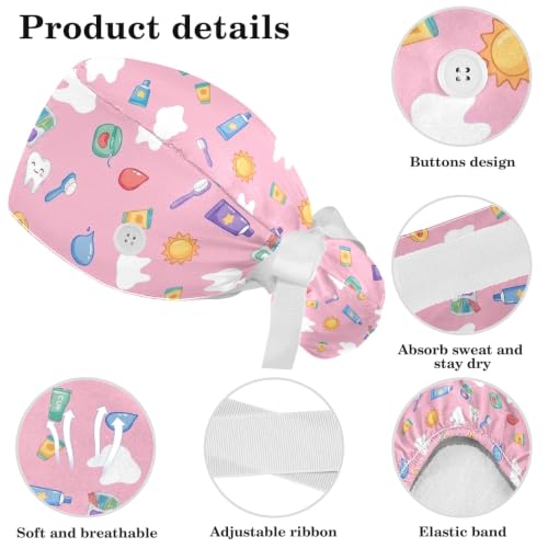 Image of Butterfly Scrub Cap Women with Ponytail & Buttons Adjustable Surgical Nurse Hat with Cotton Sweatband for Long Hair