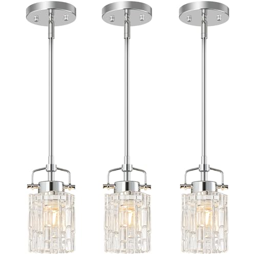 FDPBY Pressed Glass Pendant Lights Kitchen Island 3 Pack Metal Rod Chrome Pendant Light Modern Farmhouse Pendant Lighting for Bedroom Bathroom Hanging Light Fixtures