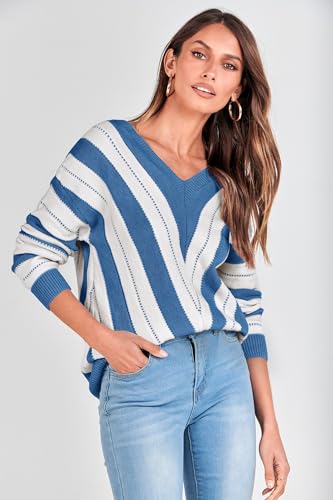 PRETTYGARDEN Sweaters for Women 2025 Long Sleeve Striped Knitted V Neck Pullover Jumper Tops Fall Outfits Fashion Clothing