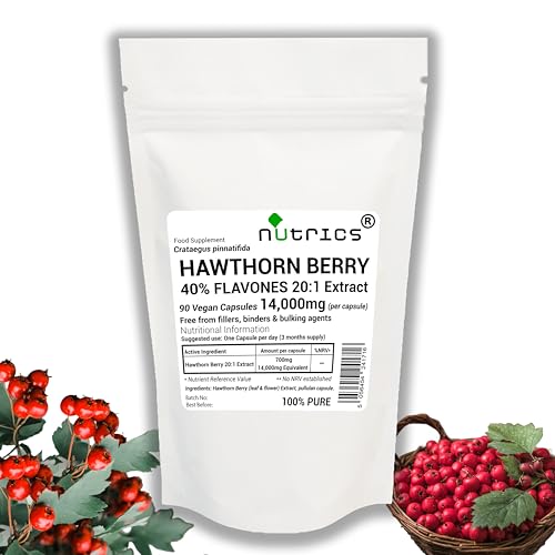 Nutrics® 14,000mg (per Capsule) Hawthorn Berry Extract 90 V Capsules - 40% FLAVONES Strong One A Day - 100% Pure - Free from fillers, Binders & Bulking Agents (90 V Capsules (3 Months Supply)) (90)