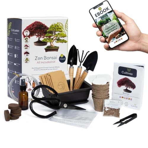 CULTIVEA® Premium Bonsai Kit pronto a crescere - Giardino e decorazione - Cura dei bonsai - Filo, fertilizzante, strumenti, forbici rotonde, piccole forbici per bonsai - Idea regalo originale