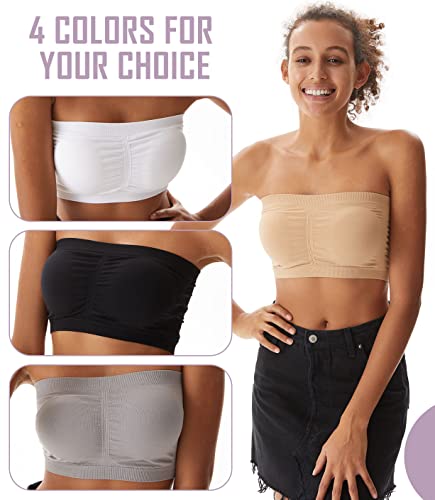 PUREMSX Strapless Bras for Women, Elastic Wireless Nude Bralette Comfort Removable Pads Off Shoulder Bandeau Tube Top,Large,Beige - Image 4