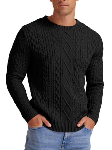 Hisir Pulls en tricot torsadé pour hommes, pulls d'hiver décontractés à col rond épais et chauds à manches longues, sweaters et hauts pour hommes UK, 01 Noir, L