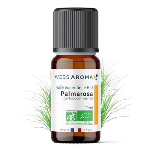 Huile Essentielle BIO de Palmarosa 10ML - Certifiée AB - 100% Pure & Naturelle, Chémotypée HEBBD - Pratiques agricoles durables - Analysée et conditionnée en France