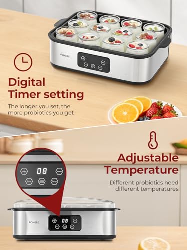 FOHERE Joghurtbereiter 25W inkl. 12 Glasbehälter à 180 ml für bis 2,16L Selbstgemachten Joghurt, Griechischer Joghurtmaschine mit Temperatur und Timer, LCD Display, Abschaltautomatik, BPA-frei