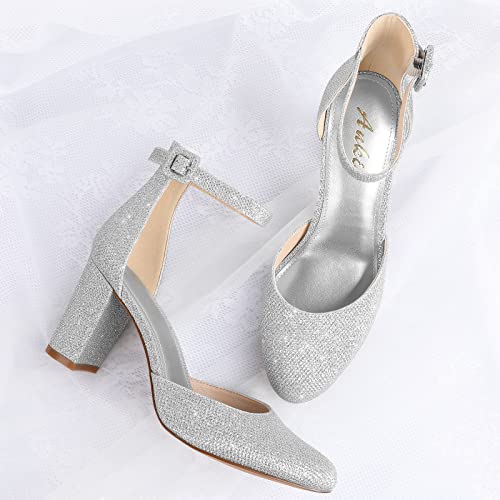 Image of Ankis Silver Glitter 3 Inch Block Heel Pumps for Women - Comfortable Closed Toe Chunky Heels, Perfect for Wedding & Formal Occasions