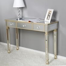 Henf Mirrored Console Table, Modern Makeup Vanity Desk Dressing Table with 3 Drawers, Contemporary Vanity Sofa Table for Entryway/Living Room/Bedroom Champagne Gold