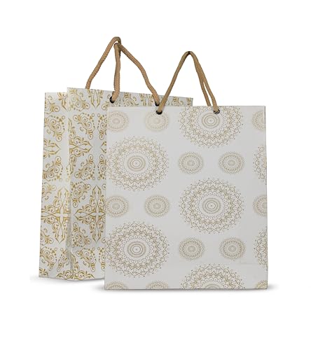 Image of Creative Art White & Gold Paper Gift Bags Small (Pack of 10) - Premium Kraft Paper, Reusable & Eco-Friendly, Perfect for Shopping, Return Gifts, Birthday, Party, Festive & Wedding Gift Packing