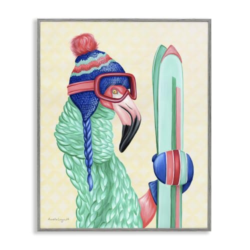 Flamingo Bird Skiing Winter Sports, 16 x 20 Inch Framed Giclée Print