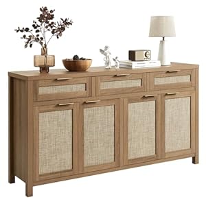 HOKYHOKY 63″ Rattan Sideboard Buffet Cabinet, Boho Storage Cabinet with Adjustable Shelves, Farmhouse Credenza Coffee Bar Cabinets with 4 Doors & 3 Drawers for Living Room, Hallway & Kitchen
