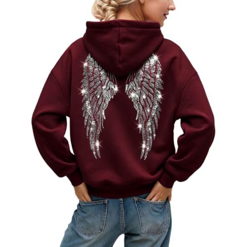 Sweat à Capuche Femme Pailleté avec Ailes d'ange en Strass et Poches Décontracté Sweatshirt Casual Manche Longue Hoodies Style Streetwear Y2K Automne et Hiver Chaud Streetwear Sport Vêtements
