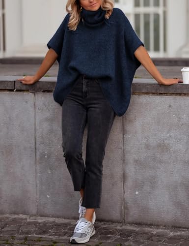 Image of Ynhonra Womens Turtleneck Sweater Oversized Chunky Batwing Sleeve Short Tops | Dolman Pullover