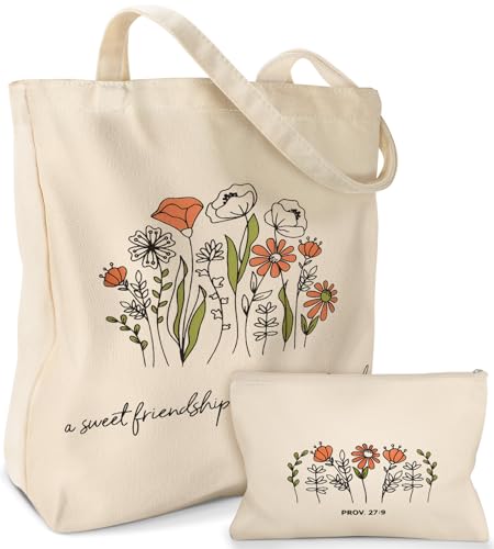 Miss Adola Bolsa de lona Aesthetic pacote com 2 - com bolsa de maquiagem com zíper para mulheres, bolsa para compras, academia, viagens, férias, Flor da amizade, One Size