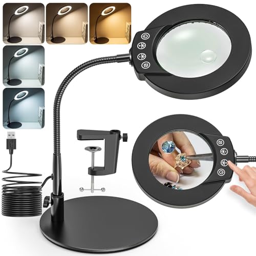 Mapille 10x Lupa con Luz y Soporte, 5 Temperaturas de Color LED de Lampara Escritorio, Ajustables Lámpara de Aumento para Costura, Reparación, Lectura, Trabajo Manual (2 en 1)