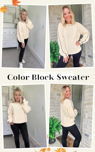 ECOWISH Oversized Sweaters for Women Fall Winter Cable Knit Chunky Color Block Tops Jumper Long Sleeve Crewneck Pullover 20254