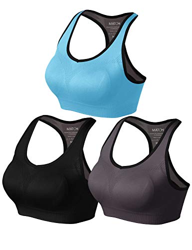 Match Womens Sports Bra Wirefree Seamless Padded Racerback Yoga Bra For Workout Gym Activewear With Removable Pads #001(1 Pack Of 3(Black-Gray Brown-Sky Blue),M) #TOP9