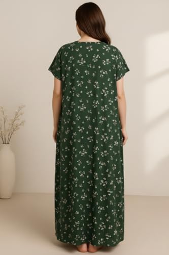 Image of Bahumaan Pure Cotton Nighty for Woman | Floral Gown for Women Night Wear with Pocket | Cotton Nighty for Women Stylish | Maxi for Women Cotton (Olive Green, M-Bust-42)