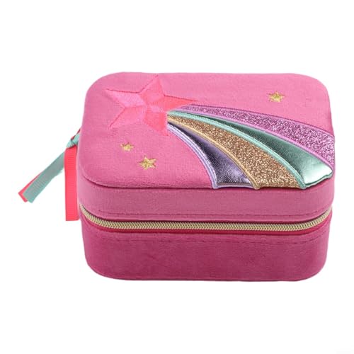 Hosrivae Pink Velvet Jewelry Box with Embroidery, Portable Travel Organizer Rings Earrings Necklaces, Lined Compact Case Women Girls