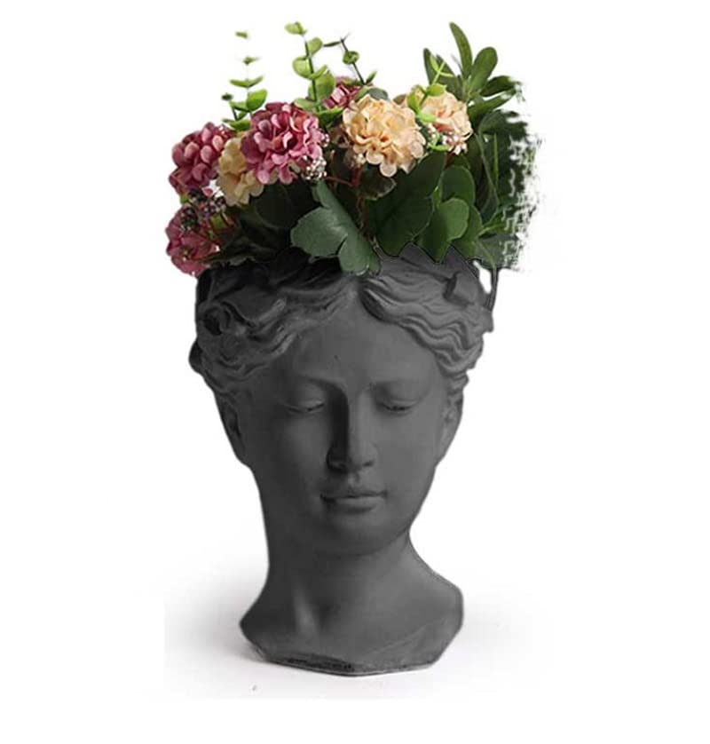 Jarrón cabeza de piedra jarrón decorativo jardín jardineras para interior exterior terrazas blanco negro piedra gic art 821646 (Altura 21 cm, negro)