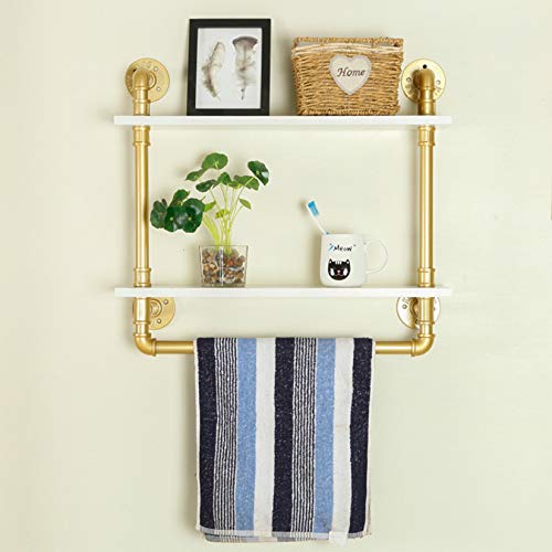 Ethemiable Industrial Vintage Pipe Bathroom Shelves,24in Wood Shelf with Towel Bar,Wall Mounted 2 Tier Storage Towel Rack,Metal Floating Shelving Towel Holder,Rustic Farmhouse Shelf (24" L, Gold)