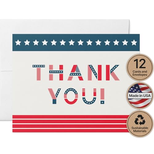 Cartes de remerciement drapeau américain (lot de 12) avec enveloppes blanches pour courriers