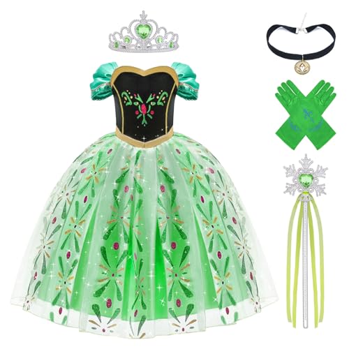 Aomig Disfraz de Niña, 5 Pcs Vestido de Princesa Niña con Varita Corona Guantes Collar, Vestido de Princesa Cosplay para Cumpleaños Fiesta Cosplay Carnaval Halloween, 120cm