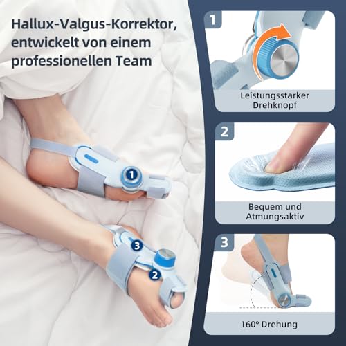 Tech Love Hallux Valgus Korrektur Fixierplatte Upgrade Kältekompresse Hallux Valgus Ballen Zehen Korrektor mit 3 Verschiedenen Befestigungswinkeln Schiene für Zehen Tag und Nacht Unisex Blau