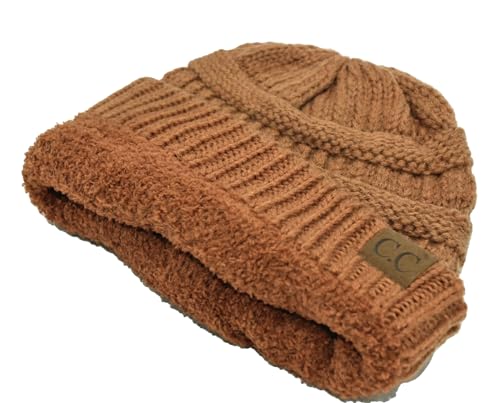 Image of C.C Unisex Chunky Soft Stretch Cable Knit Warm Fuzzy Lined Skully Beanie