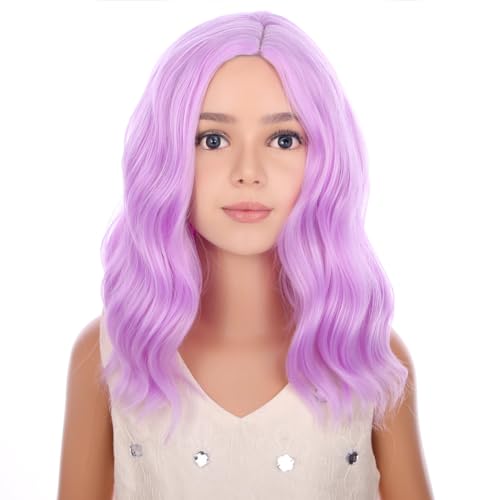 Image of PATTNIUM Kids Short Purple Pink Wig Girls Lavender Purple Curly Wavy Wig Short Synthetic Hair Wigs