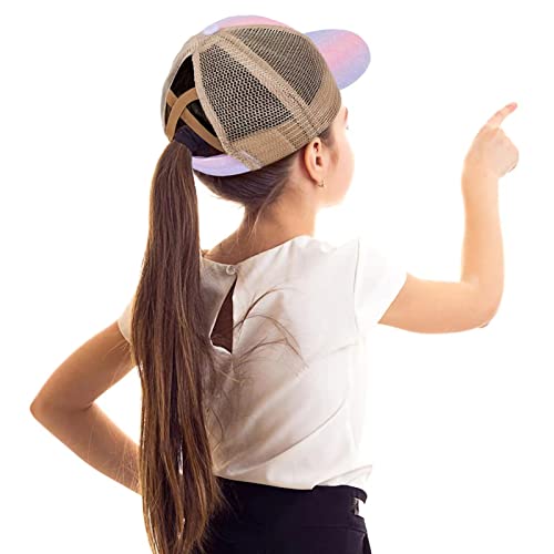 Girls Glitter Baseball Cap Criss Cross Hat, Girl High Ponytail Hat - Kids Trucker Hat With High Bun Messy Ponytail(Ages5-15) #TOP4