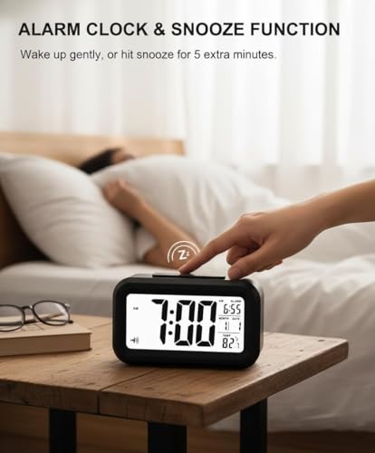 Image of Digital Alarm Clock with Large LED Display, Smart Night Light Sensor, Snooze Function, Date Temperature Calendar, Battery Operated Bedside Desk Clock (Black)