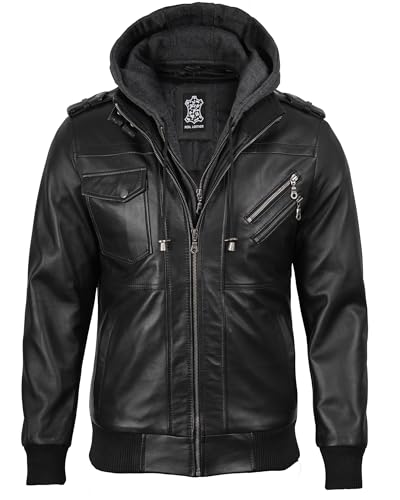 Image of Decrum Detachable Hooded Leather Jacket Men - Real Lambskin Mens Leather Jacket with Hood