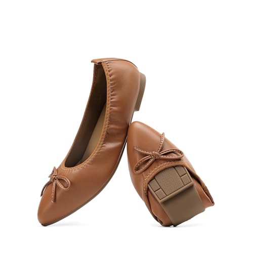 DREAM PAIRS Women's Foldable Flats Shoes Pointed Toe Ballet Flats Bowknot Comfort Slip on Dress Shoes 9.5 Brown