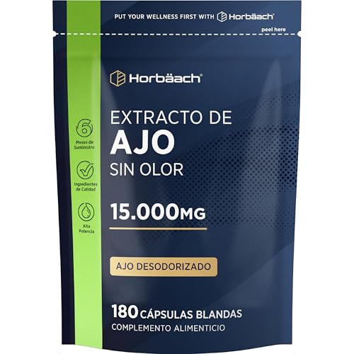 Ajo Cápsulas 15000mg | 6 Meses de Suministro - 180 Perlas | Extracto de Ajo - Fuente de Alicina | Alta Resistencia | Horbaach
