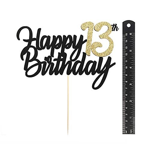 Image of FestikoBlack Gold Glitter Happy Birthday Cake Topper - 13 Anniversary /Birthday Cake Topper Party Decoration (13th)