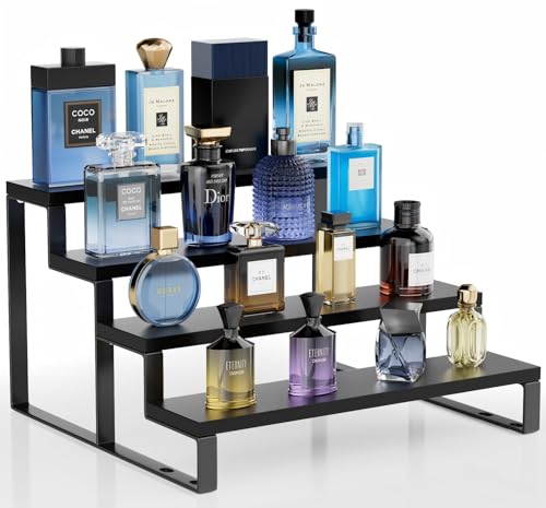 Wood Cologne Organizer for Men 12 Inch 4 Tier Cologne Stand Waterproof Perfume Organizer for Dresser with Anti-Slip Washers Wooden Display Risers Stand for Party Makeup Figures Cupcake Perfume Dessert