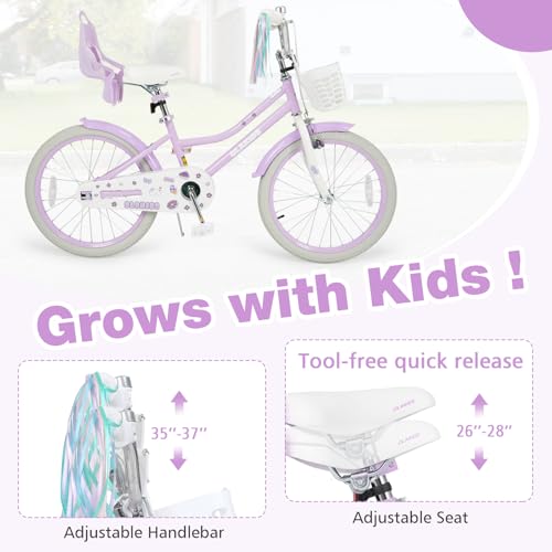 Image of Olakids Kids Bike, 12 14 16 18 20 Inch Girls Bicycle with Doll Seat Basket Adjustable Seat and Handlebar, Handbrake and Coaster Brake