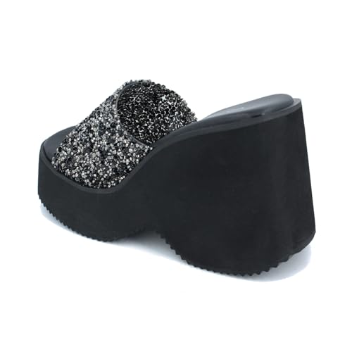 Women'S Sequin Round Open Toe Platform chunky heel Slide Sandals Fashion Glitter Slip On Comfortable Wedge Dress Mule Sandals Summer Outdoor Casual Anti-Slip Beach Walking Slipper Shoes4