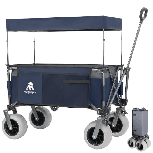 Carretilla plegable multiusos con mango flexible y toldo, cart utility de alta capacidad con ruedas de 9"x4" para camping y playa, transporte, compras y deportes, capacidad 480 lbs y 120 L, color azul miniatura 3