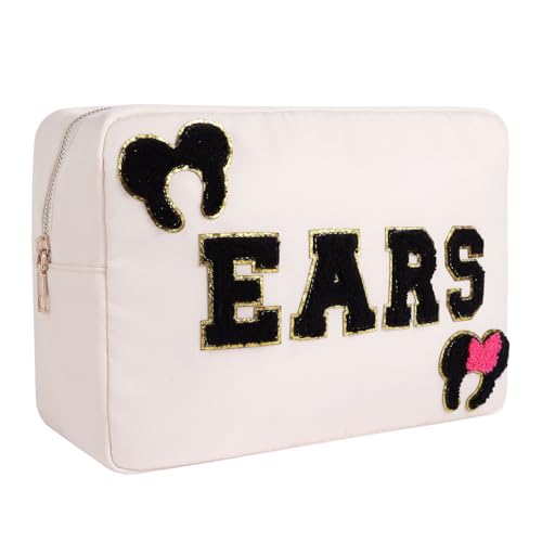 Dealkion Bolsa para orelhas de rato, estojo de viagem, acessórios de cabelo, organizador de laço, orelhas de rato, suporte de armazenamento de nylon, grande, carta de chenille, bolsa de maquiagem