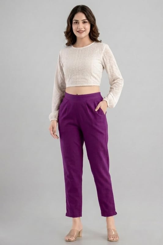 Image of Solid Cotton Woman Trousers Pants Regular Fit Kurti Pant with Drawstring Daily Office Formal Casual Use