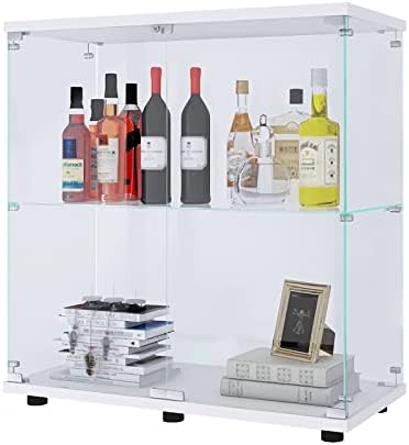 XLIWrth 2-Shelf Glass Display Cabinet for Collectibles, Glass Display Case, Curio Cabinets with Glass Door, Floor Standing Glass Bookshelf for Bedroom, Office 33.7" H x 31''L x 14.3''W, White