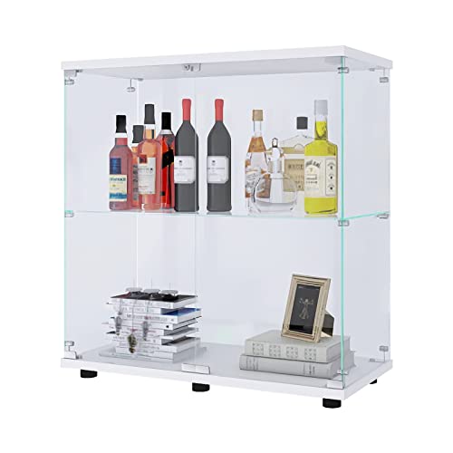 Xliwrth 2-Shelf Glass Display Cabinet For Collectibles, Glass Display Case, Curio Cabinets With Glass Door, Floor Standing Glass Bookshelf For Bedroom, Office 33.7" H X 31''L X 14.3''W, White #TOP8
